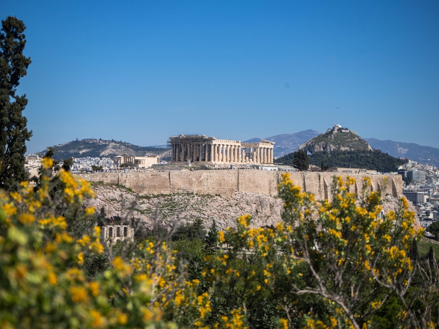 Wzgórze Filopapposa - widok na Akropol, Ateny