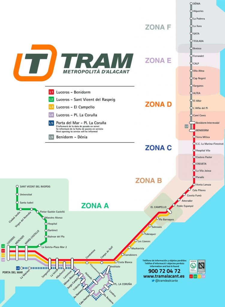 Mapa linii tramwajowej w Alicante i okolicach, Costa Blanca, Hiszpania